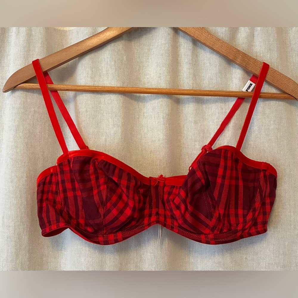 Victoria’s Secret Cotton & Modal Unlined Balconette Bra in Red Plaid, 36 C